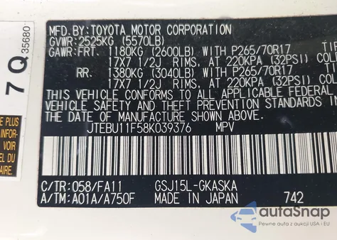 2008 Toyota Fj Cruiser z USA, uszkodzony, nr VIN JTEBU11F58K039376